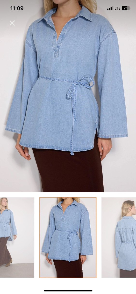 Kemerli Uzun Kollu Denim kot buluz - Görsel 2