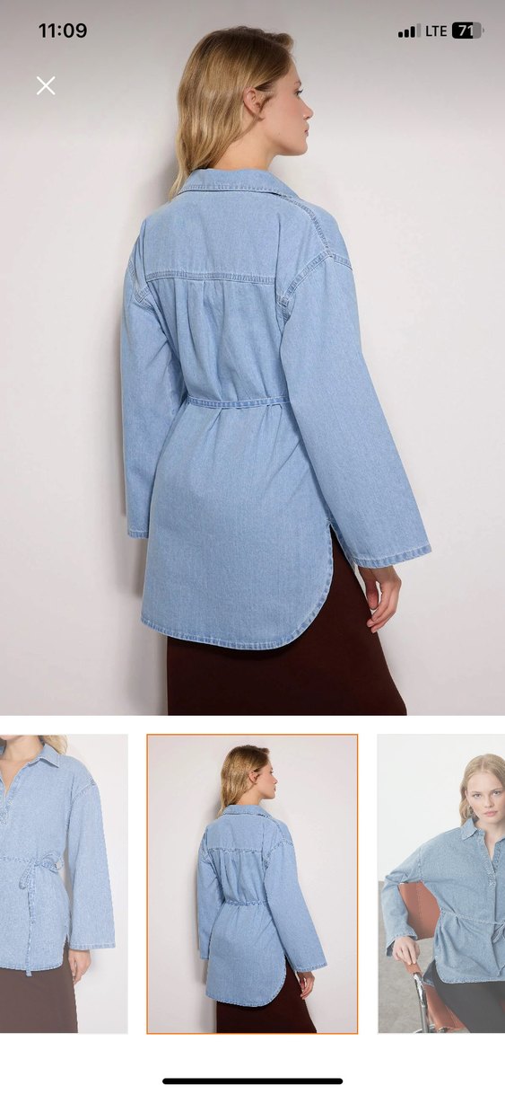 Kemerli Uzun Kollu Denim kot buluz - Görsel 3