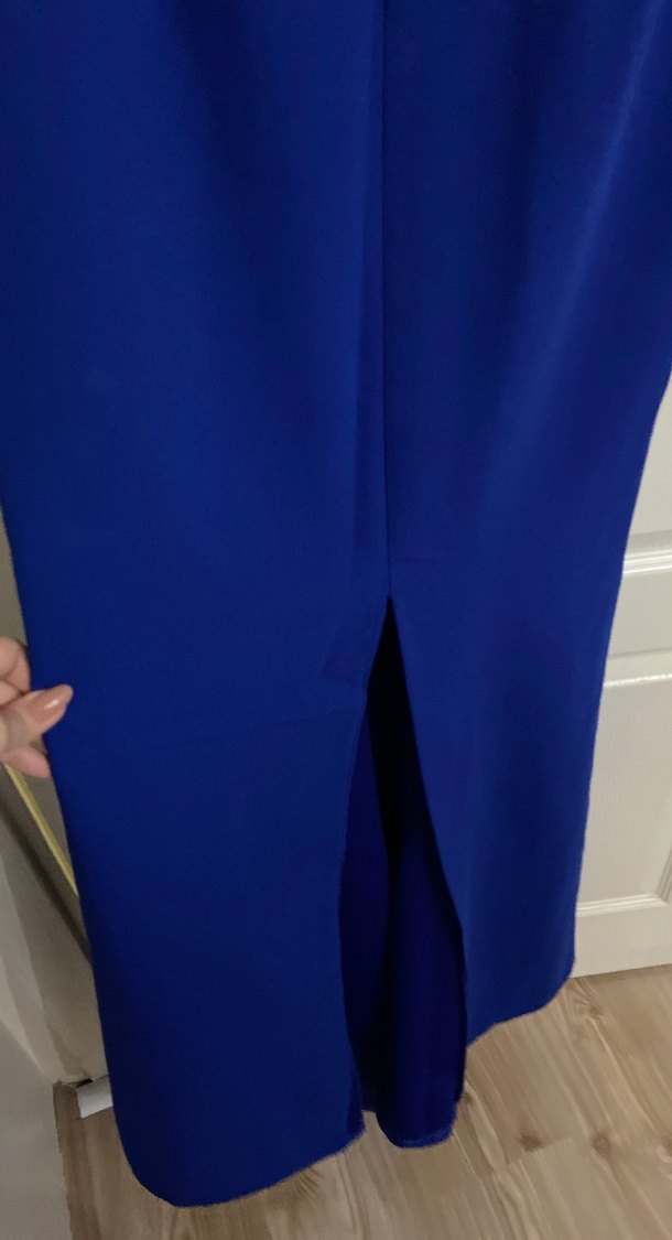 Asil ışık Uzun Lacivert Drapeli V Yakalı Abiye Elbise - Görsel 4