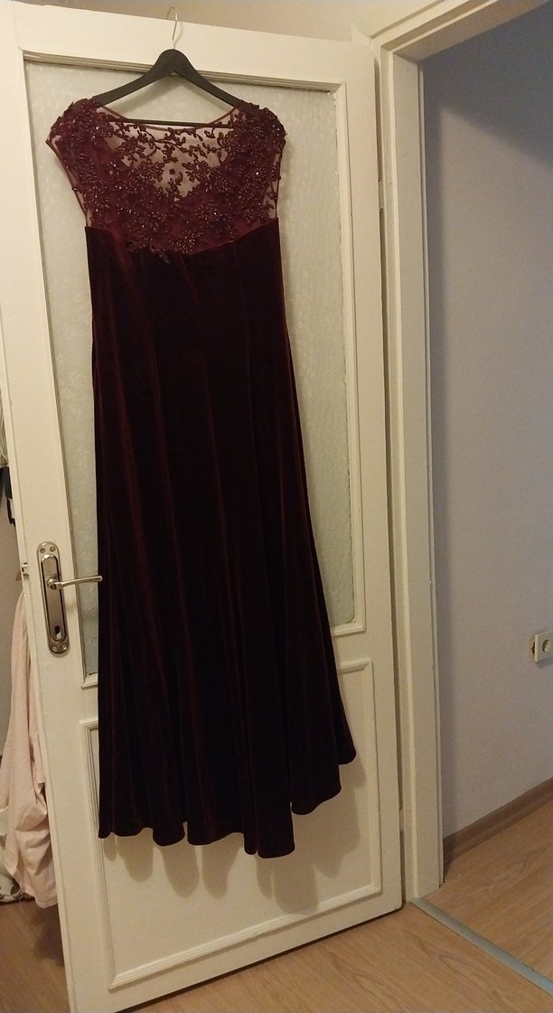 Bordo Kolsuz Uzun  Kadın Abiye Elbise - Görsel 2