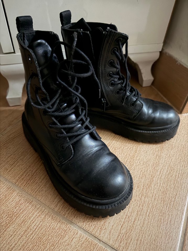 Siyah Deri kız cocuk Platform Topuklu Goth Botlar - Görsel 2