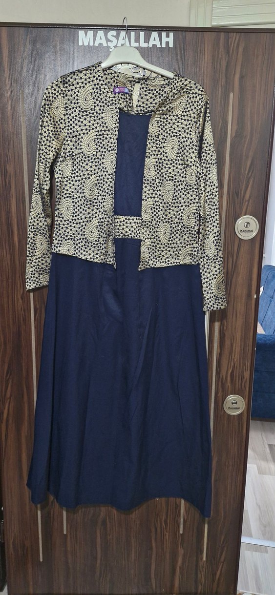 Uzun Kol Drapeli Mavi Desenli Elbise - Görsel 3