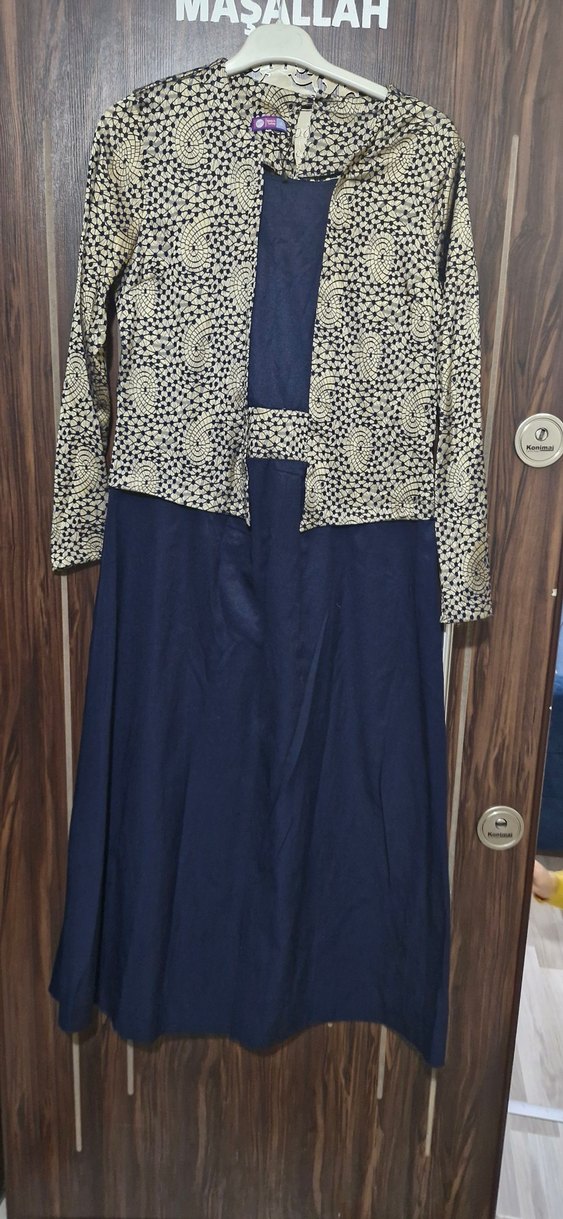 Uzun Kol Drapeli Mavi Desenli Elbise - Görsel 2