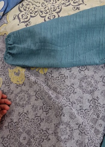 Düğmeli, Yaka Detaylı Uzun Turkuaz Keten Gömlek takım - Görsel 2