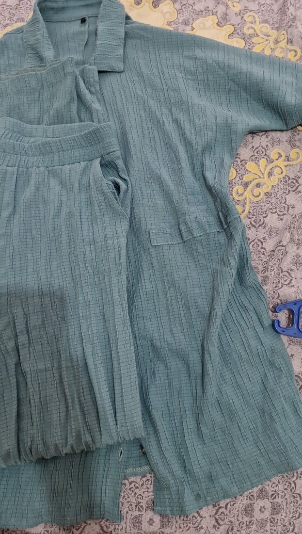 Düğmeli, Yaka Detaylı Uzun Turkuaz Keten Gömlek takım - Görsel 4