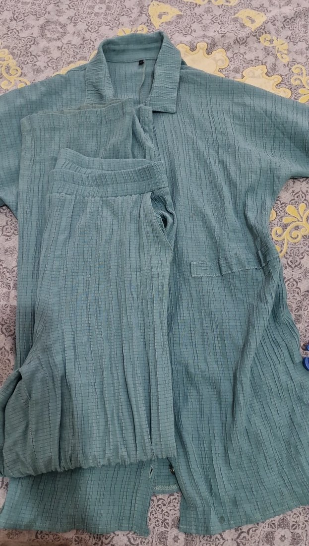 Düğmeli, Yaka Detaylı Uzun Turkuaz Keten Gömlek takım - Görsel 3