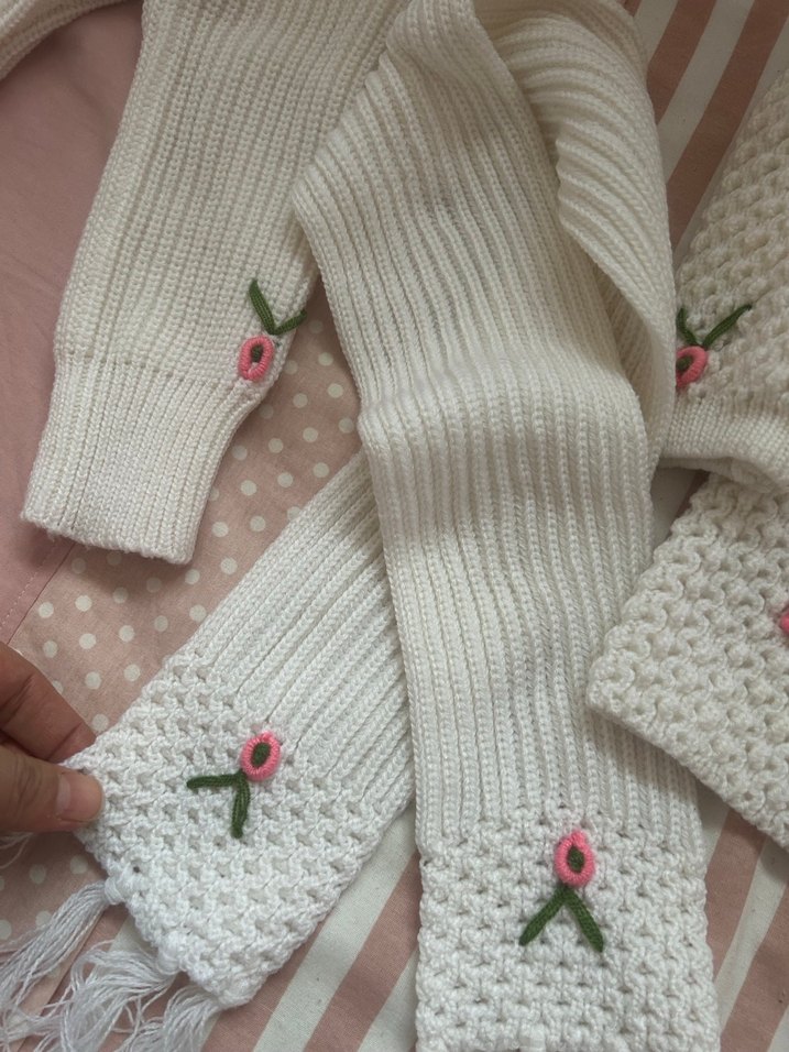 Kız Çocuk Nakışlı Beyaz Triko Takım - Görsel 5