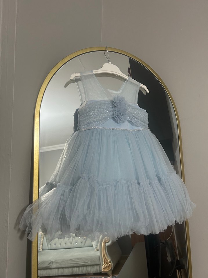 Kız Çocuk Mavi Fırfırlı Askılı Elbise - Görsel 4