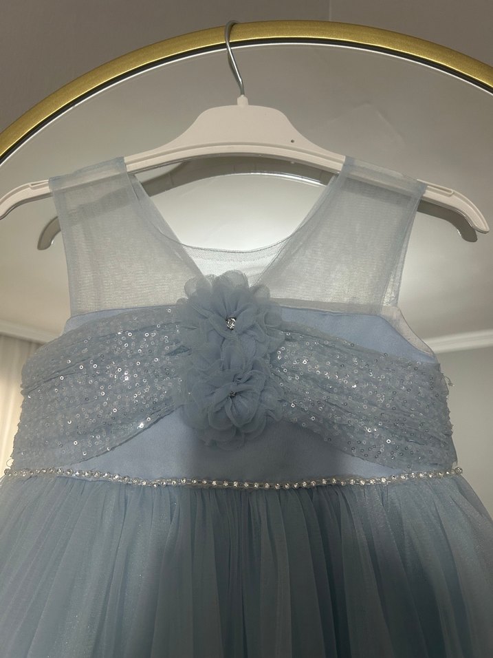 Kız Çocuk Mavi Fırfırlı Askılı Elbise - Görsel 2