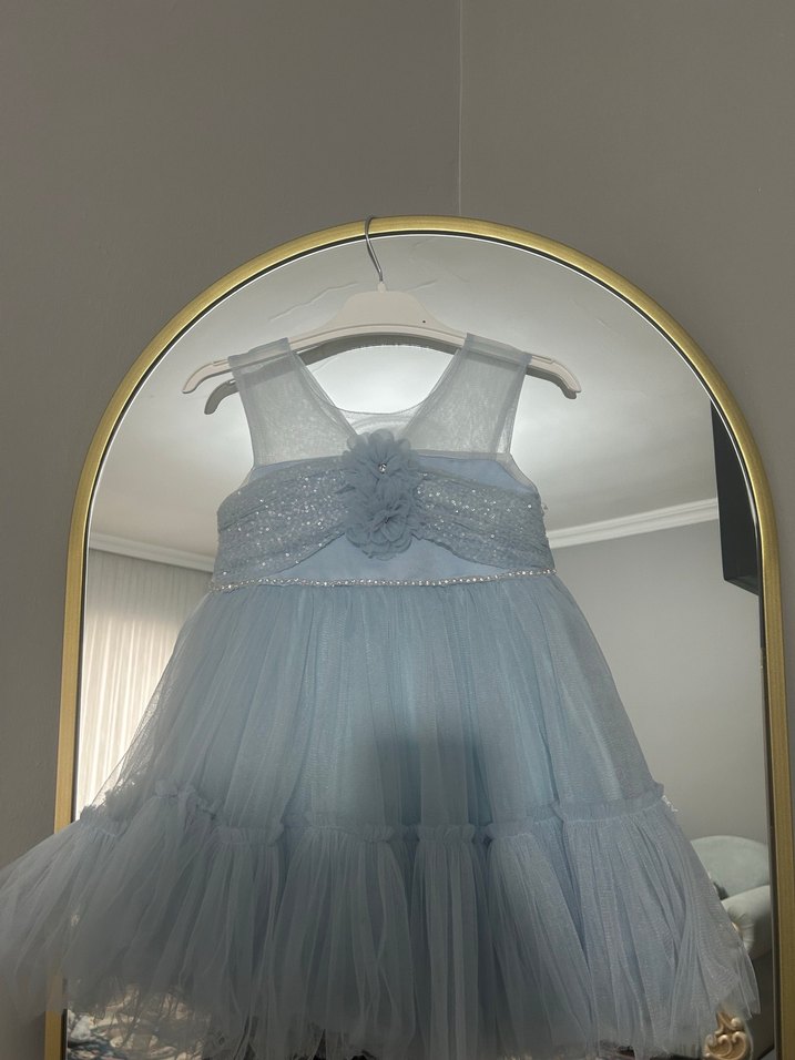 Kız Çocuk Mavi Fırfırlı Askılı Elbise - Görsel 3