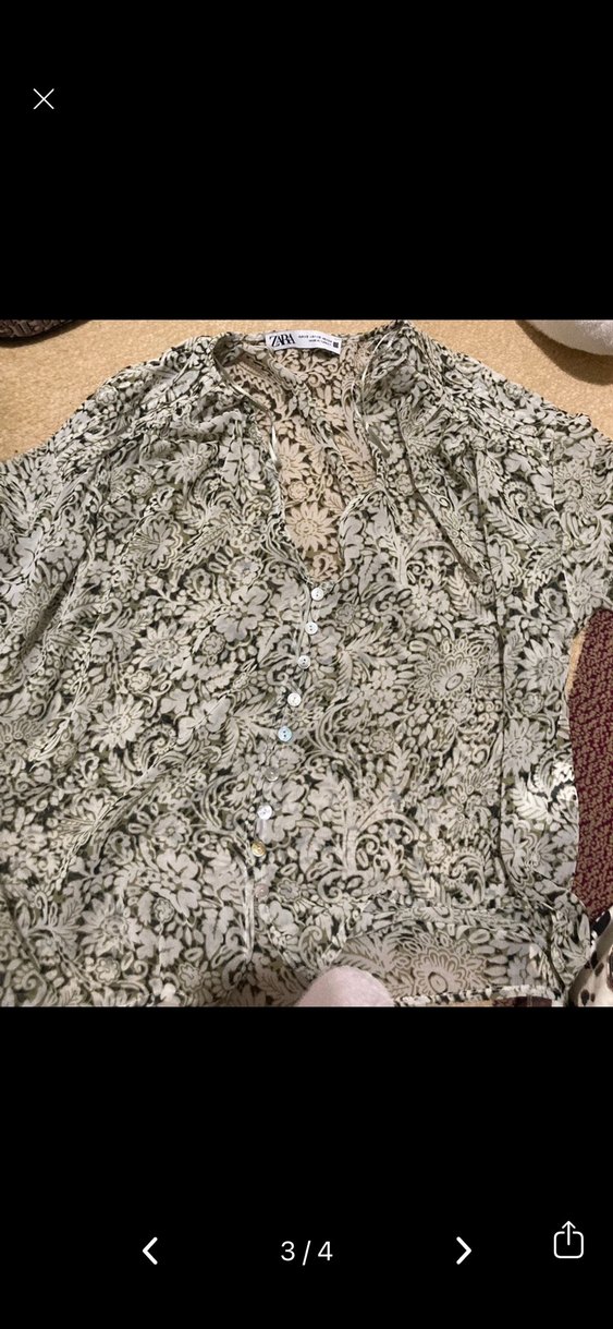 ZARA Bej Desenli V Yaka Dantel Detaylı Bluz - Görsel 3