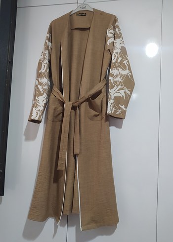 Nakışlı Bohem Tarz Uzun Bej Kadın Kimono