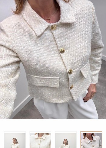 Düğmeli Ekru Kısa Blazer Ceket - Görsel 4