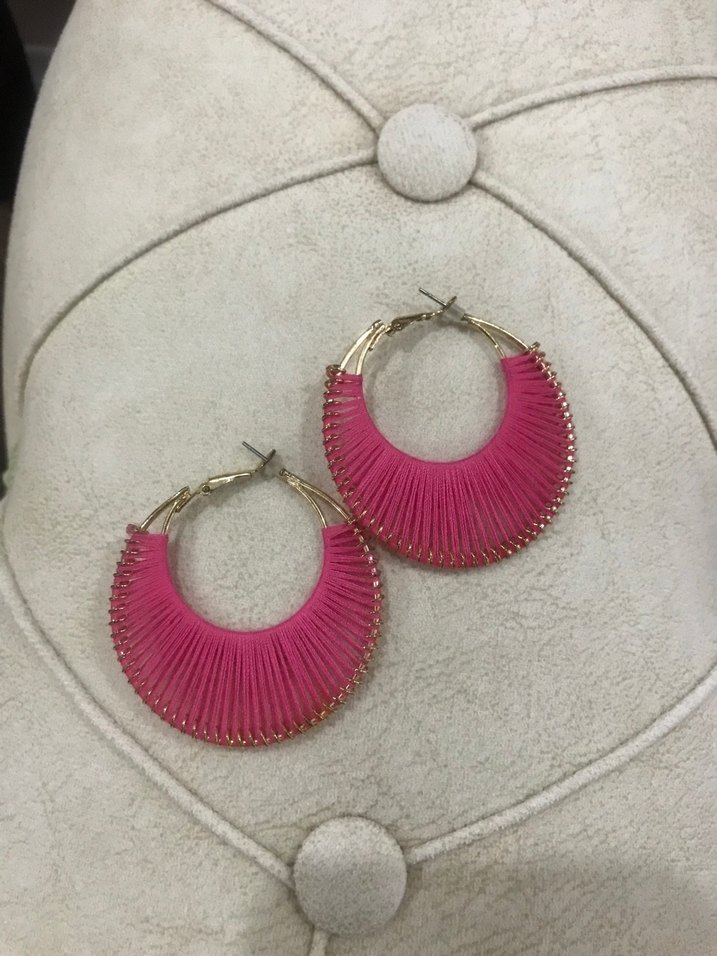 Pembe Pilili Bohem Nakışlı Küpe - Görsel 4