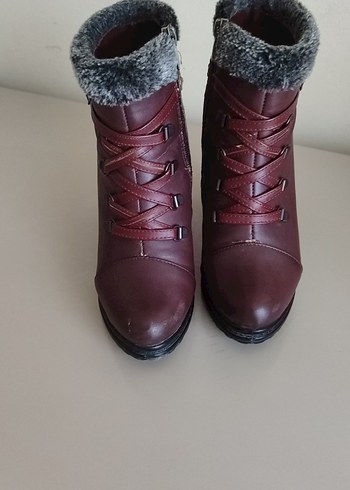 Bordo Kürklü Deri Kadın Dolgu Topuk Bot - Görsel 8