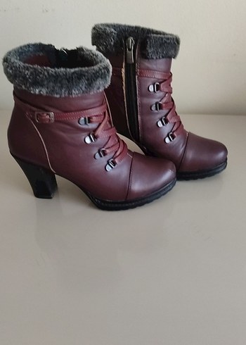 Bordo Kürklü Deri Kadın Dolgu Topuk Bot - Görsel 7