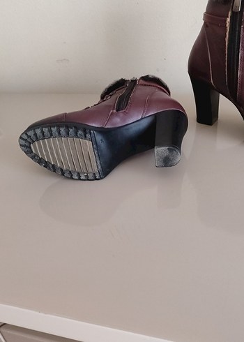 Bordo Kürklü Deri Kadın Dolgu Topuk Bot - Görsel 5