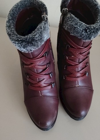 Bordo Kürklü Deri Kadın Dolgu Topuk Bot - Görsel 9