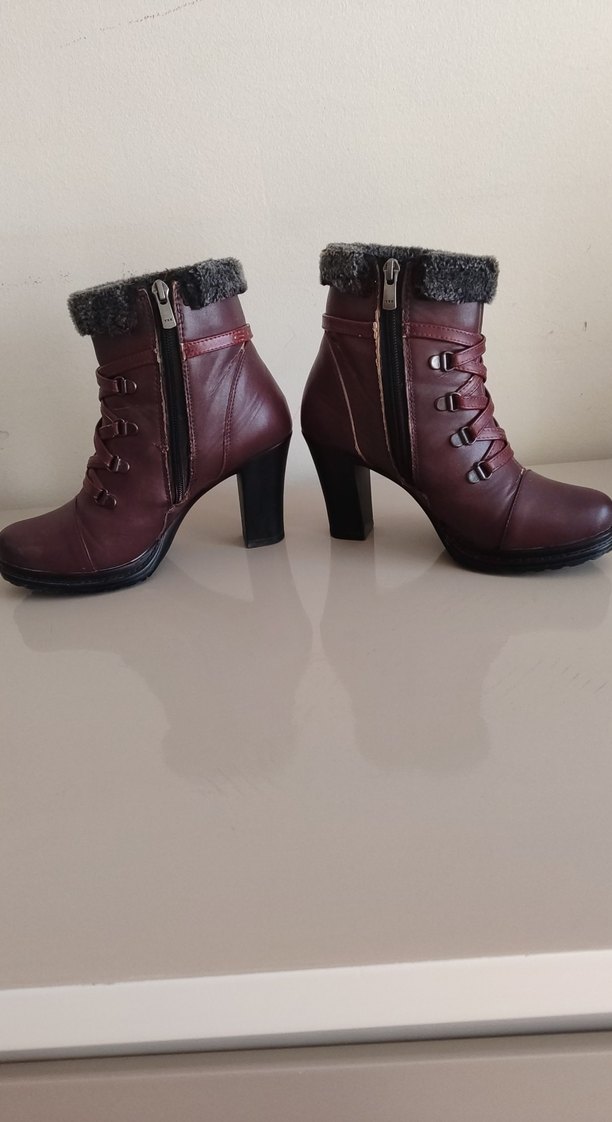 Bordo Kürklü Deri Kadın Dolgu Topuk Bot - Görsel 4