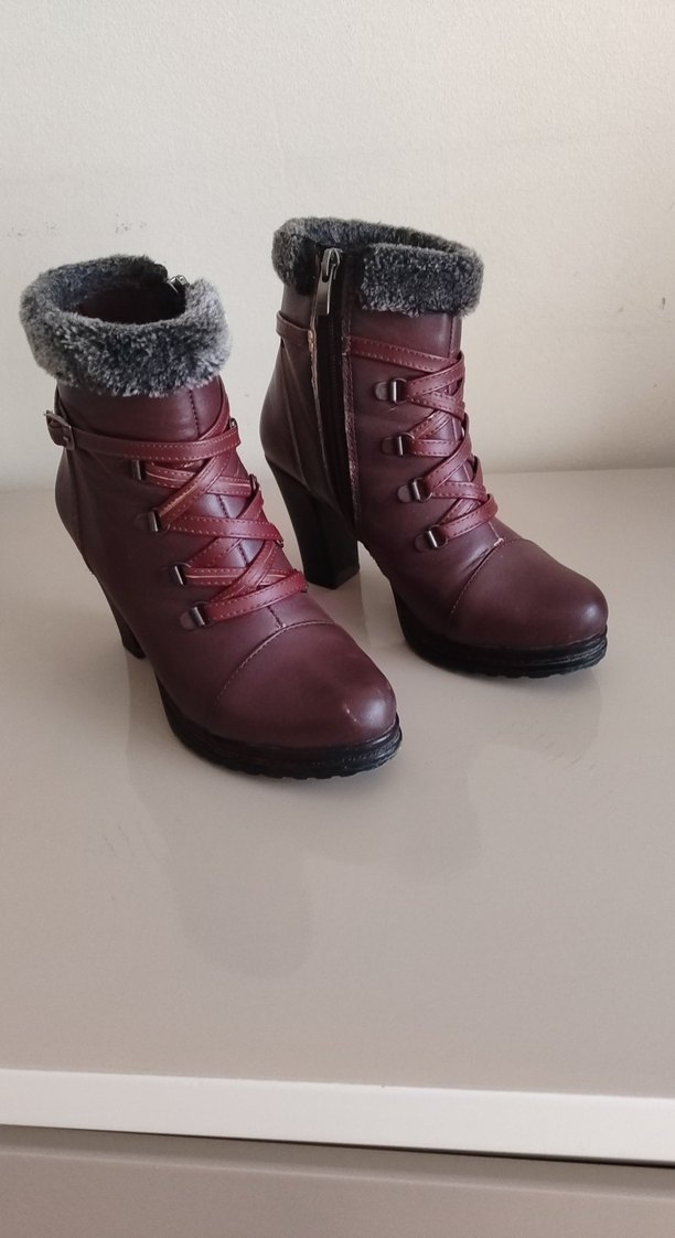 Bordo Kürklü Deri Kadın Dolgu Topuk Bot - Görsel 2