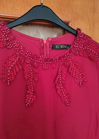 Bordo Nakışlı Uzun Kollu Kadın Abiye Elbise - Görsel 8