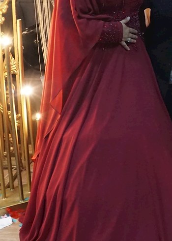 Bordo Nakışlı Uzun Kollu Kadın Abiye Elbise - Görsel 2