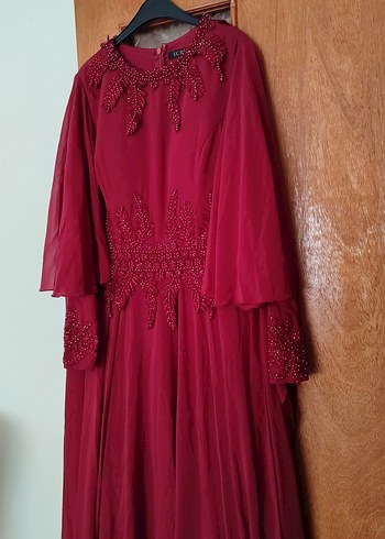 Bordo Nakışlı Uzun Kollu Kadın Abiye Elbise - Görsel 6