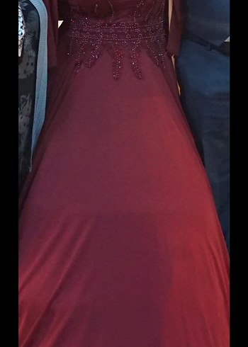 Bordo Nakışlı Uzun Kollu Kadın Abiye Elbise - Görsel 9