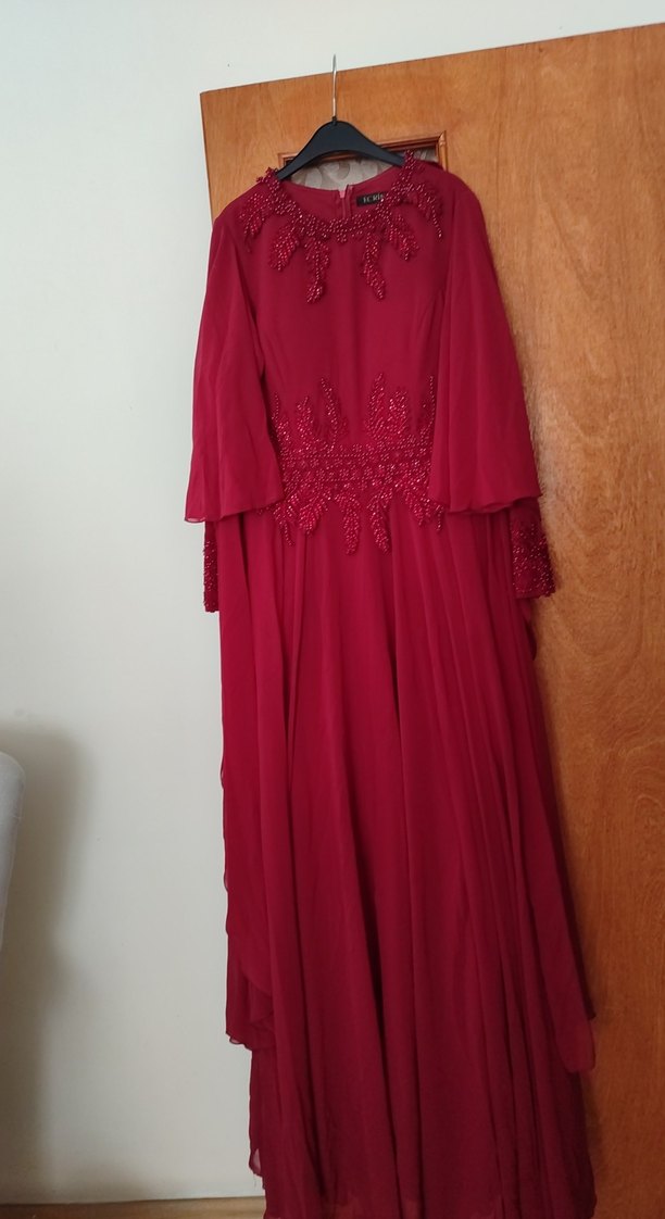 Bordo Nakışlı Uzun Kollu Kadın Abiye Elbise - Görsel 3