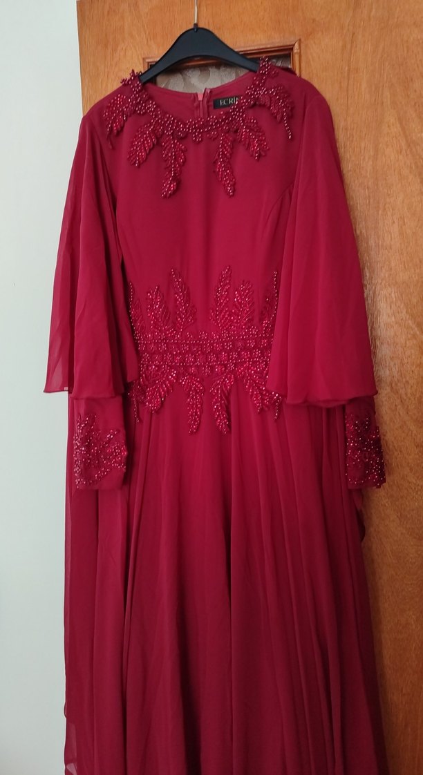 Bordo Nakışlı Uzun Kollu Kadın Abiye Elbise - Görsel 4