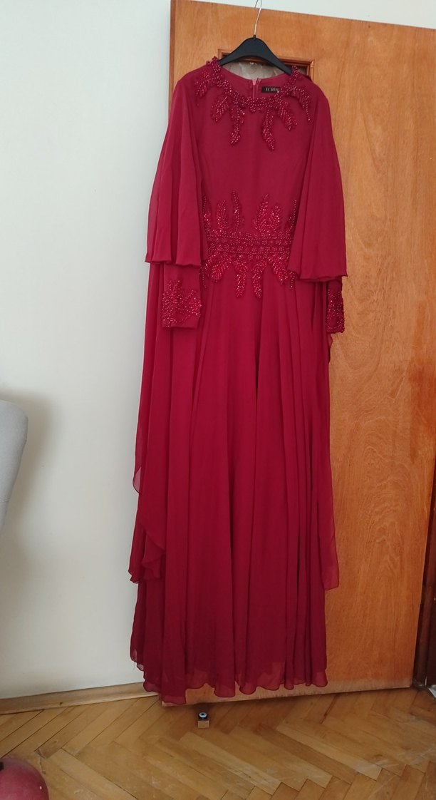 Bordo Nakışlı Uzun Kollu Kadın Abiye Elbise - Görsel 5