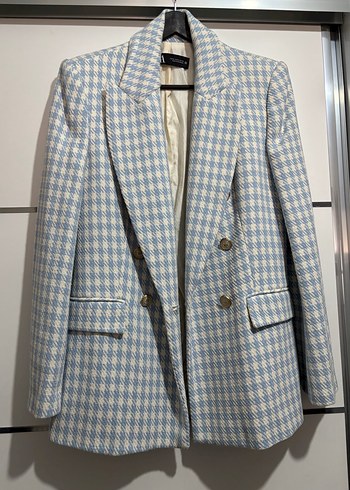 Zara Zara Mavi Ekoseli Düğmeli Kadın Blazer Ceket