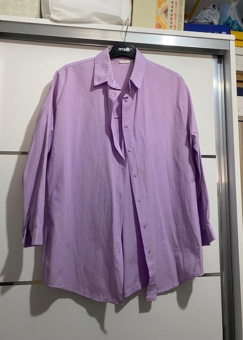 36 Beden mor Renk Kadın Lila Oversize Uzun Basic Gömlek
