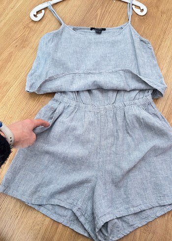 Gri Keten Mini Askılı Tulum - Görsel 3