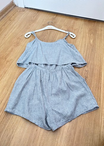 Gri Keten Mini Askılı Tulum - Görsel 4