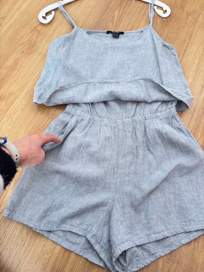 Gri Keten Mini Askılı Tulum - Görsel 3