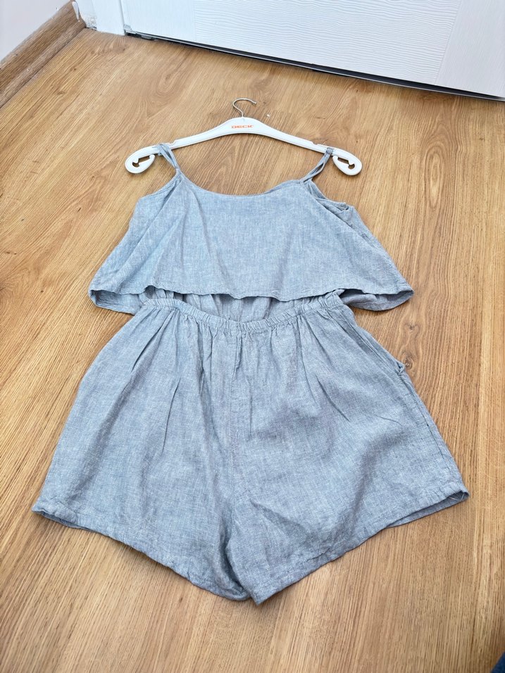 Gri Keten Mini Askılı Tulum - Görsel 4