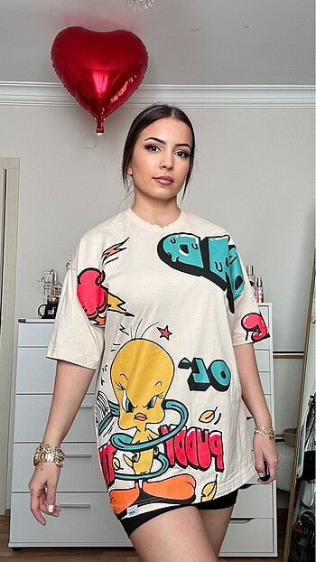 m Beden Bej bisiklet yaka oversize baskılı tshirt