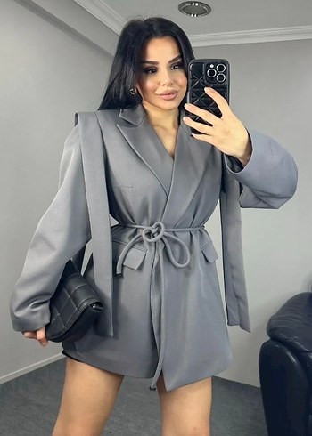universal Beden gri Renk Kemerli Kısa Kesim Gri Deri Blazer