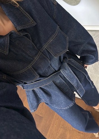 Diğer Kadın Lacivert Kemerli Denim Ceket pant takım