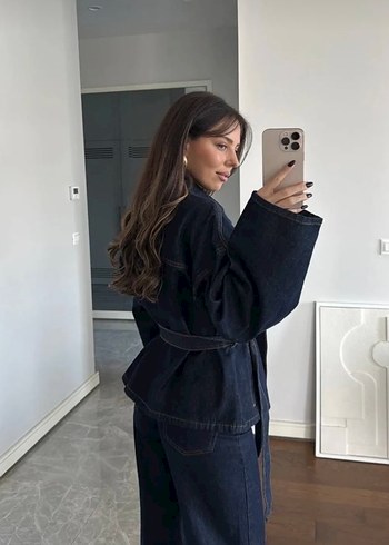 s Beden Kadın Lacivert Kemerli Denim Ceket pant takım