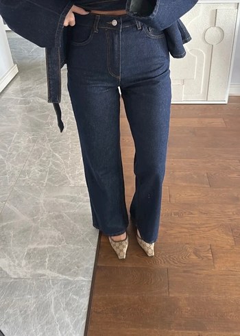 s Beden lacivert Renk Kadın Lacivert Kemerli Denim Ceket pant takım
