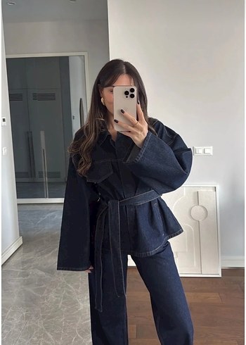 Kadın Lacivert Kemerli Denim Ceket pant takım