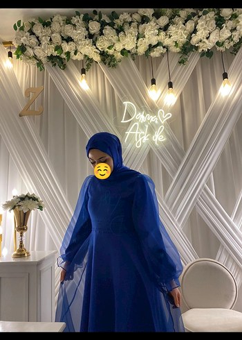 Uzun Kol Drapeli Saks mavisi Tesettür Abiye - Görsel 5