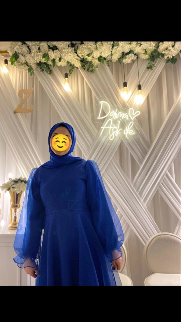 Uzun Kol Drapeli Saks mavisi Tesettür Abiye - Görsel 2