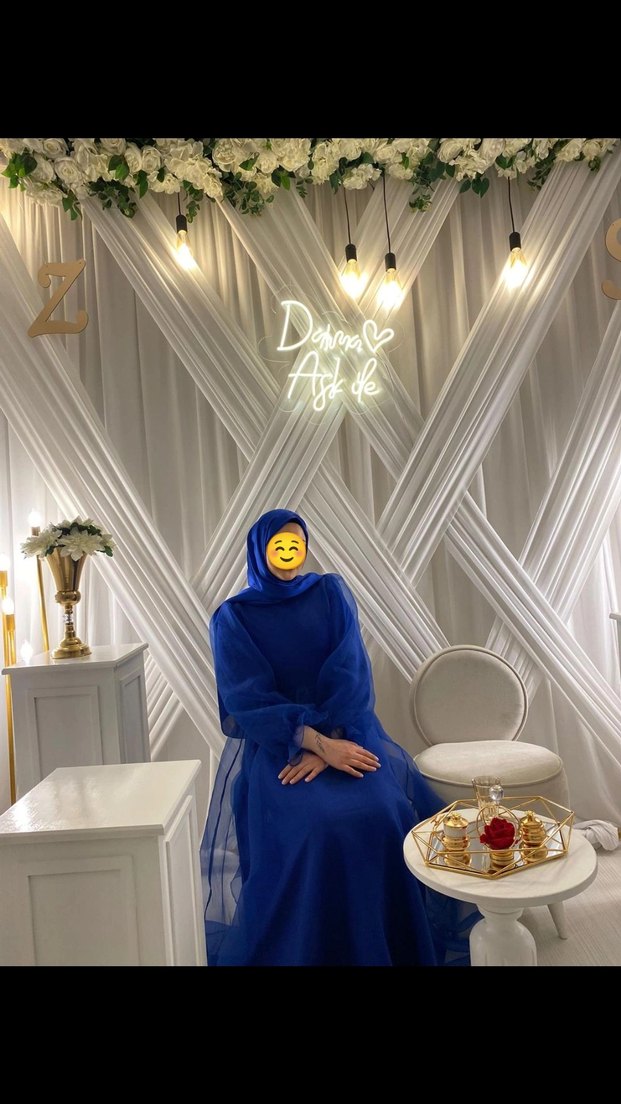 Uzun Kol Drapeli Saks mavisi Tesettür Abiye - Görsel 3