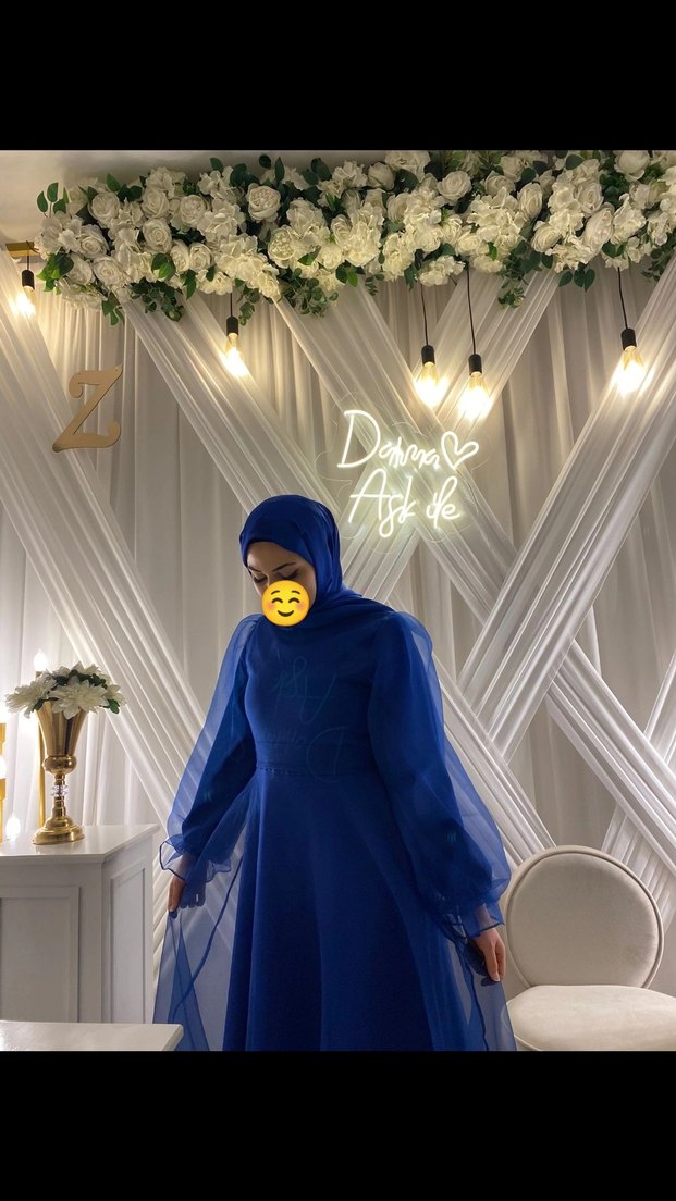 Uzun Kol Drapeli Saks mavisi Tesettür Abiye - Görsel 5