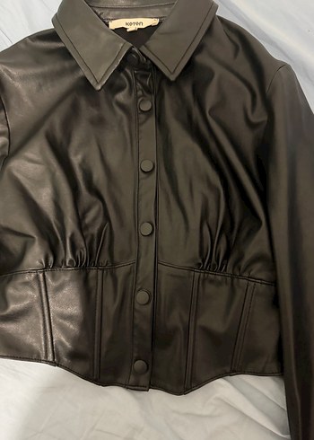 Düğmeli Siyah Deri Kadın Ceket - Görsel 2