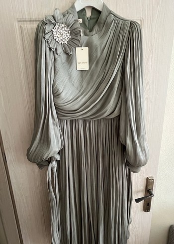 Abiye Gri Uzun Kollu Drapeli Vintage Abiye Elbise
