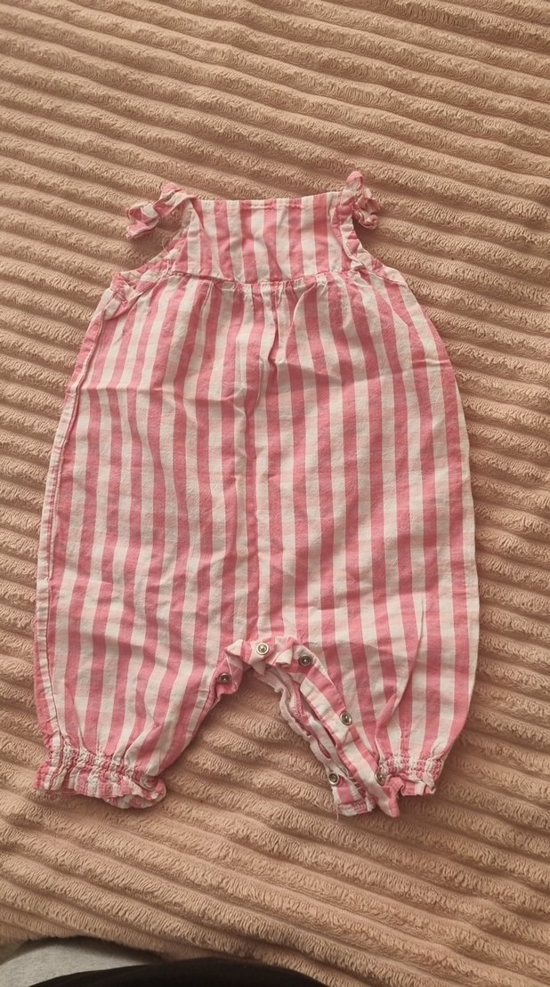 Pembe Çizgili Kız Bebek Tulum Fırfırlı - Görsel 2